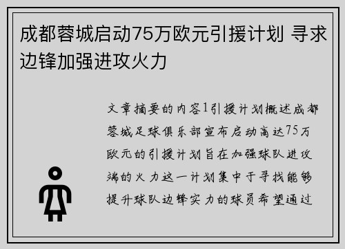 成都蓉城启动75万欧元引援计划 寻求边锋加强进攻火力
