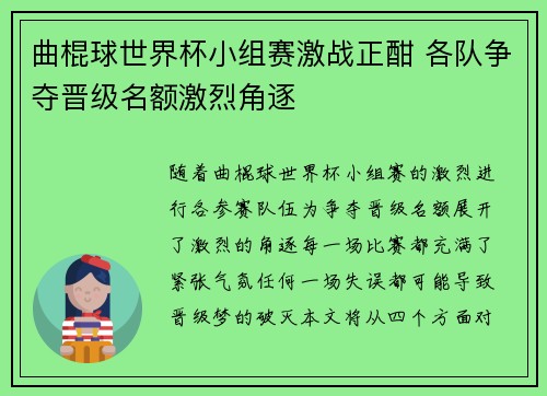 曲棍球世界杯小组赛激战正酣 各队争夺晋级名额激烈角逐